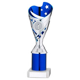 SILVER/BLUE PLASTIC 'SABRE' CUP ASSEMBLED ON MARBLE (1in CEN) - 9in